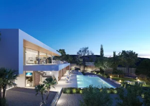 Exterior de las residencias de lujo Can Aubarca en Ibiza diseñadas para Touza Arquitectos