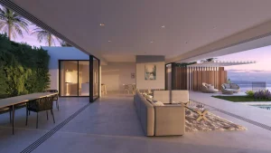 Salon abierto al exterior del proyecto Camarate diseñado para Bass Houses