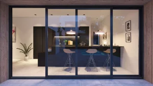 Vista de la cocina desde el exterior de una de las propiedades de Foresta I, diseñadas para Nuovit Homes
