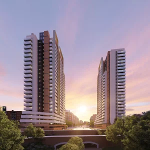 Exterior de la promoción Torres Skyline en el Paseo de la Dirección (Madrid), diseñadas para Touza Arquitectos