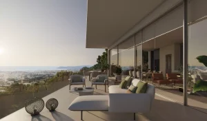 Salón abierto al exterior con vistas al mar de una de las propiedades de lujo Eivissa Nova, diseñadas para Jf San Pablo