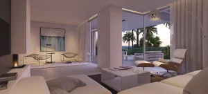 Salón abierto al exterior del proyecto UNICO Benahavis para el Grupo San Leopoldo