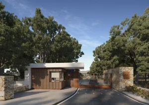 Entrada a las residencias de lujo Can Aubarca en Ibiza diseñadas para Touza Arquitectos
